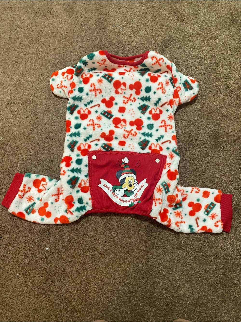 Disney Red, Green & White Holiday Mickey Fleece Pajamas for Dog. Stretchy